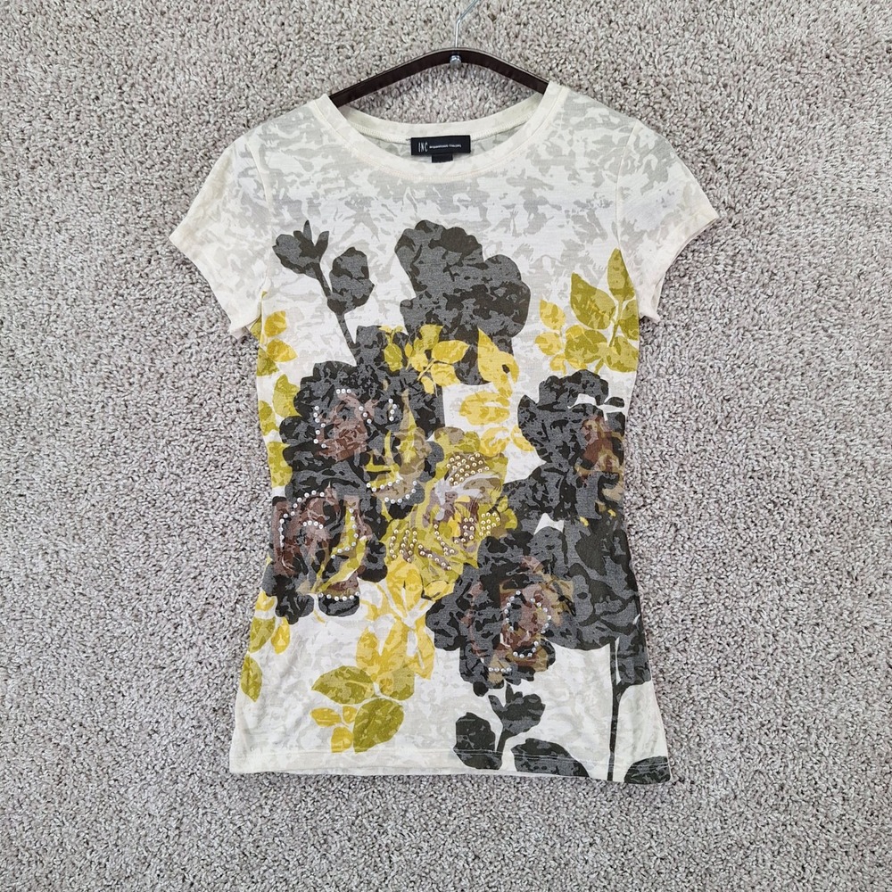 INC International Concepts T-Shirt Women S Cream Floral Burnout Studded Y2K Boho